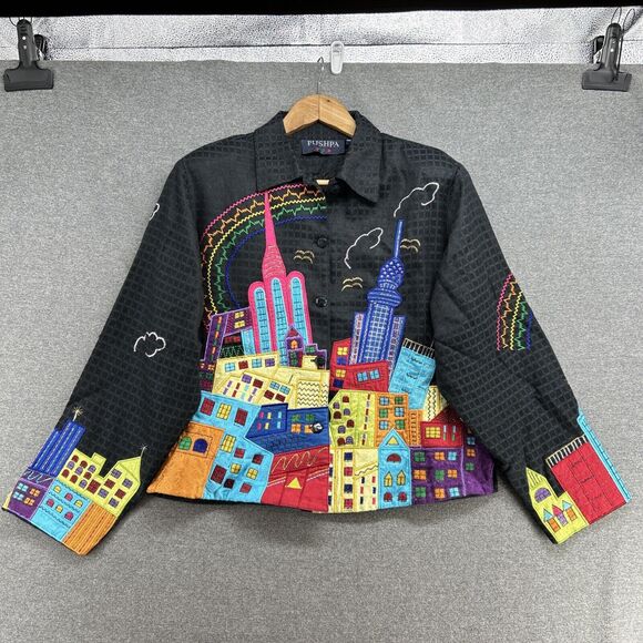 PUSHPA Vintage Blazer Women's Medium Colorful Sky Scraper Buildings Rainbow 90s - Picture 1 of 15